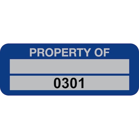 Lustre-Cal Property ID Label PROPERTY OF 5 Alum Blue 2in x 0.75in 1 Blank Pad&Serialized 0301-0400, 100PK 253740Ma2Bd0301